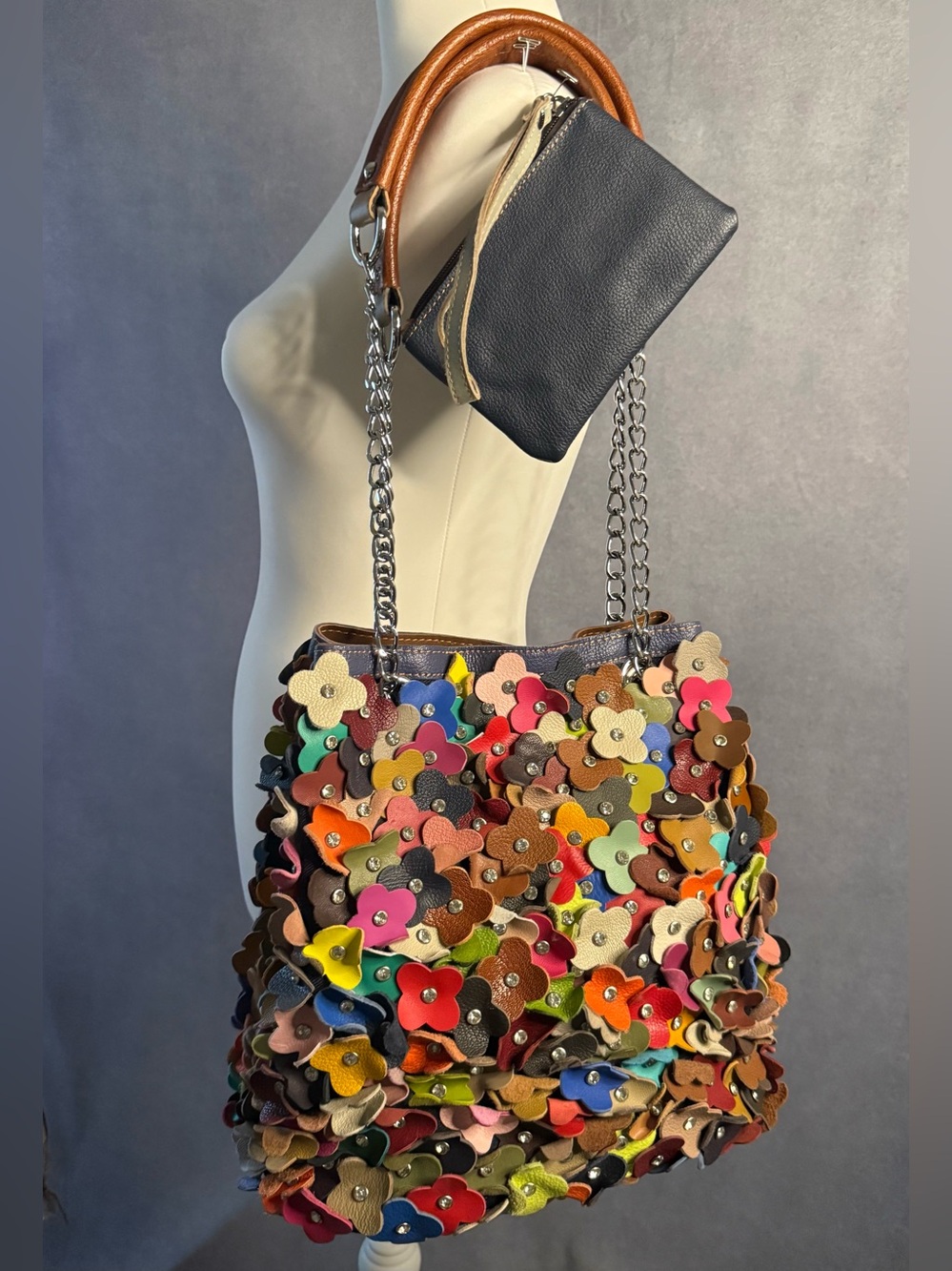 AmeriLeather Genuine Leather Colorful Floral Tote Bag + Matching Wristlet